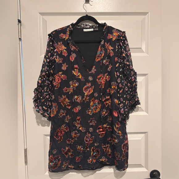 Alice + Olivia Julius Floral Flower Ruffle Dress Silk Black Multicolor Pattern - Picture 2 of 11